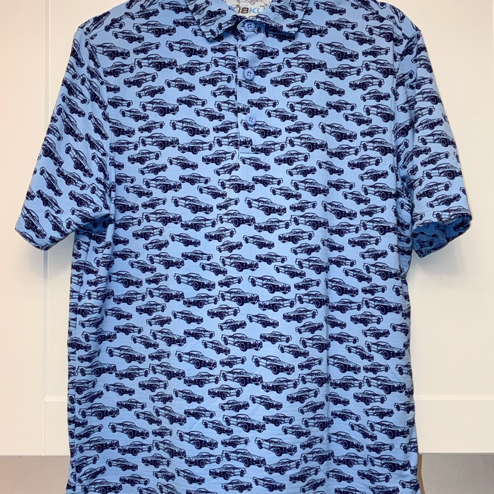 IBKUL Men’s S, Like New Blue Cars on Blue Performance Golf Polo